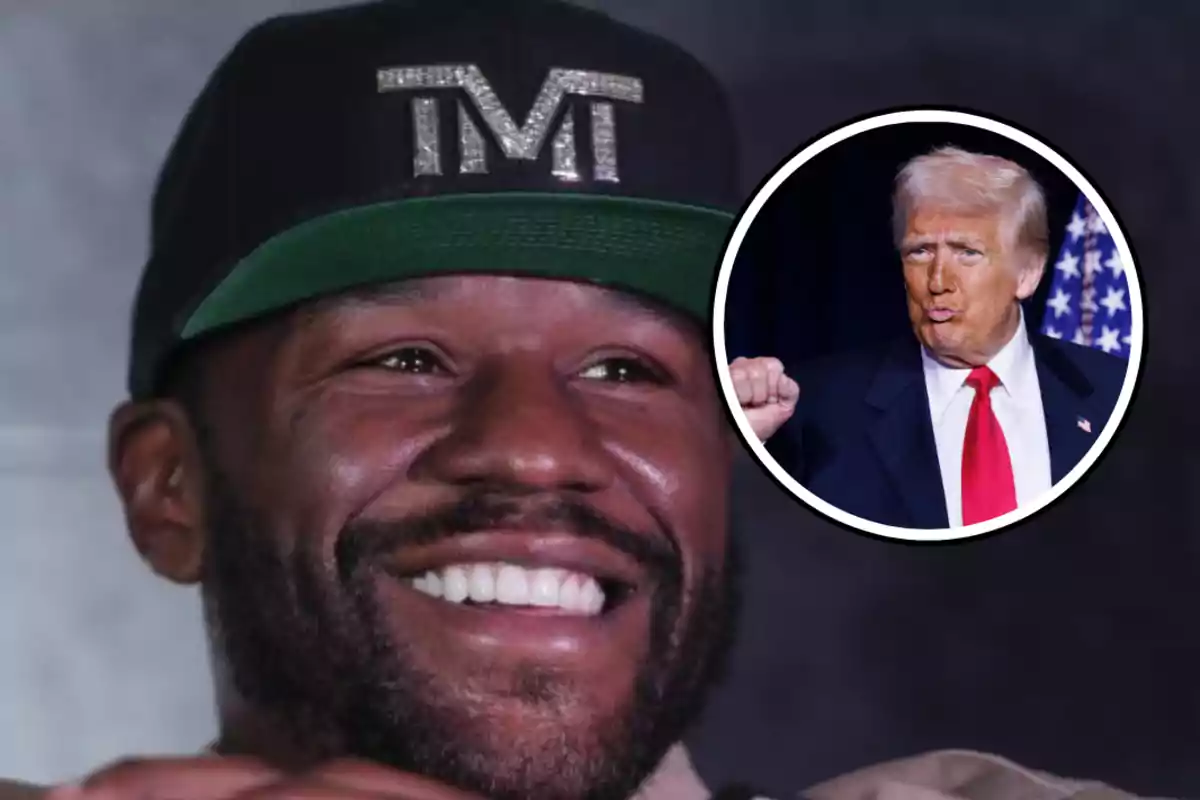 Un hombre sonriente con gorra negra que tiene las letras TMT y un recuadro con otro hombre haciendo un gesto con el puño.