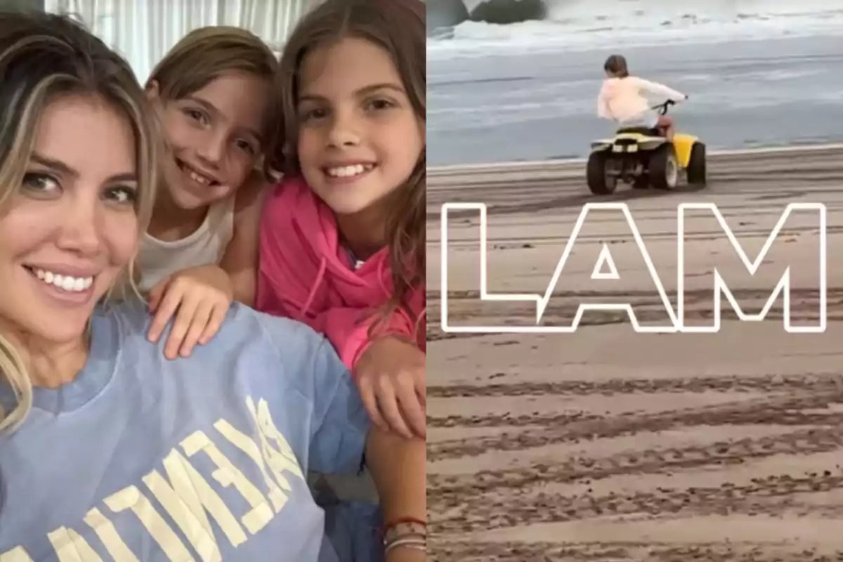 A smiling woman with two girls posing for a photo and a person driving an ATV on the beach with the text LAM overlaid.