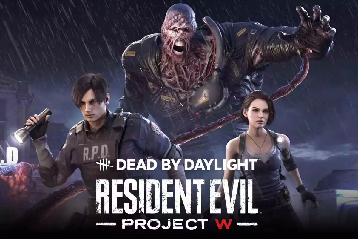 Personajes de videojuegos en un entorno oscuro y lluvioso con un monstruo amenazante detrás de ellos y el texto "Dead by Daylight Resident Evil Project W" en la parte inferior.