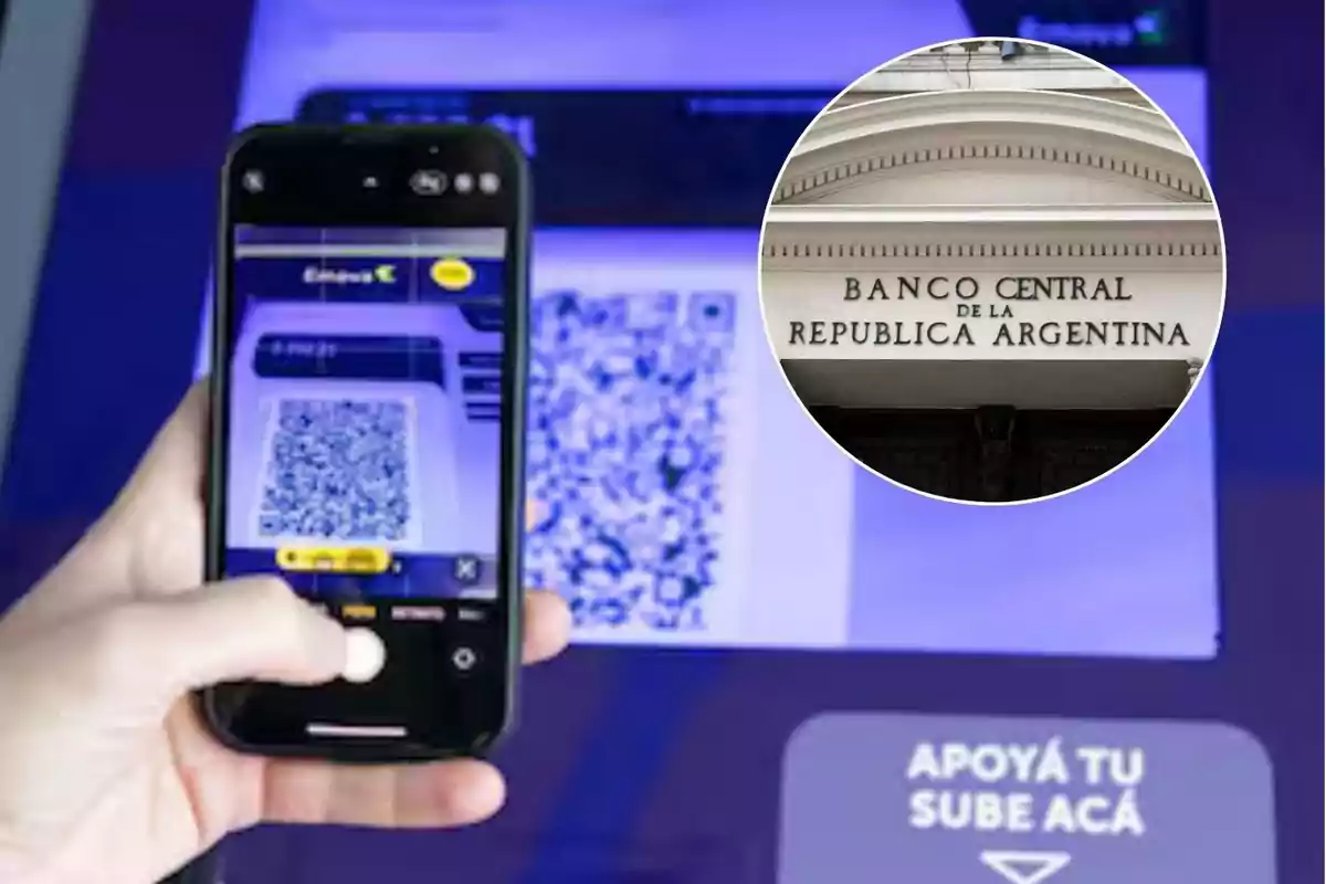 Una persona escanea un código QR con un teléfono móvil, con una imagen superpuesta del Banco Central de la República Argentina.