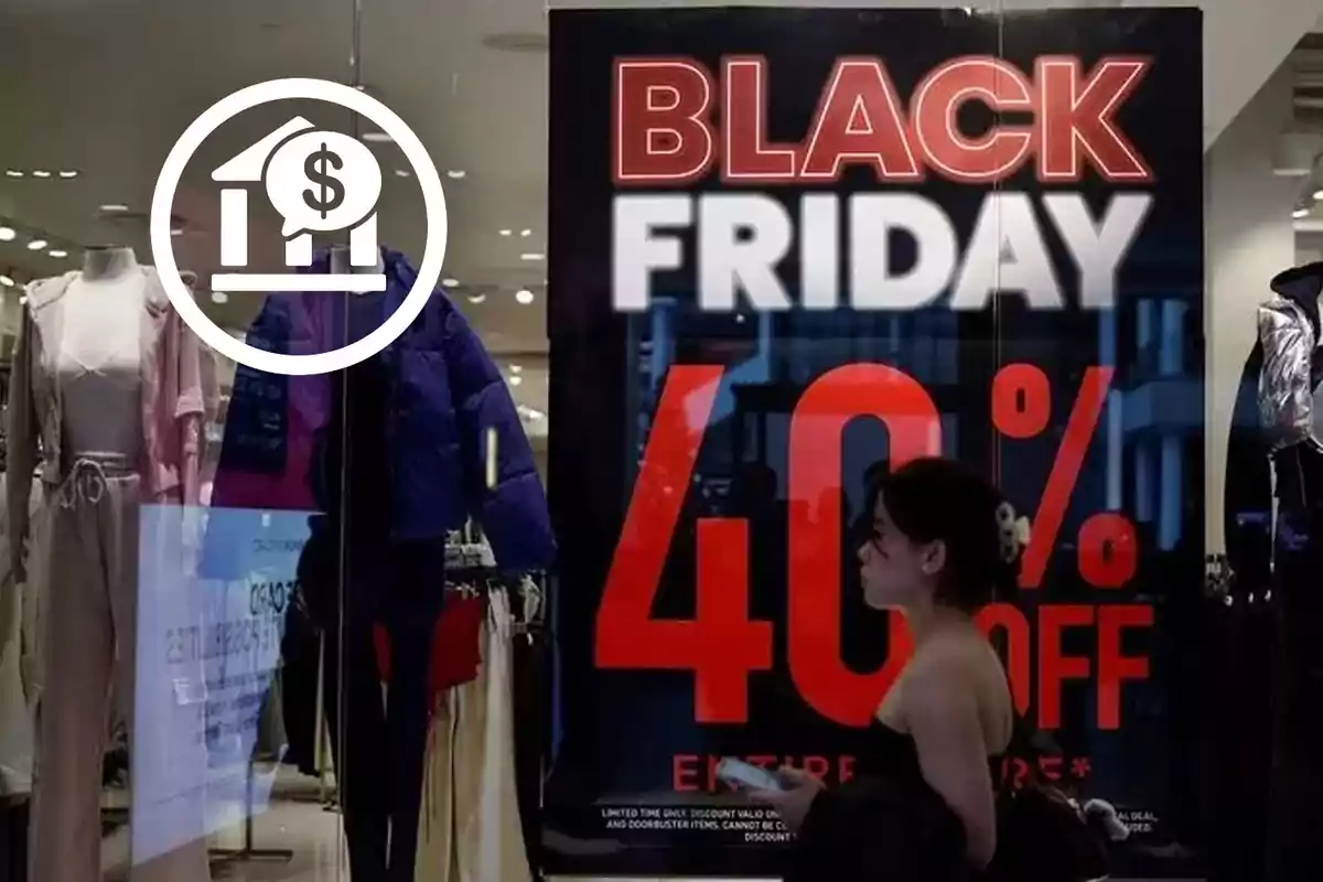 Escaparate de tienda con un cartel de Black Friday ofreciendo un 40% de descuento y una persona caminando frente a él.