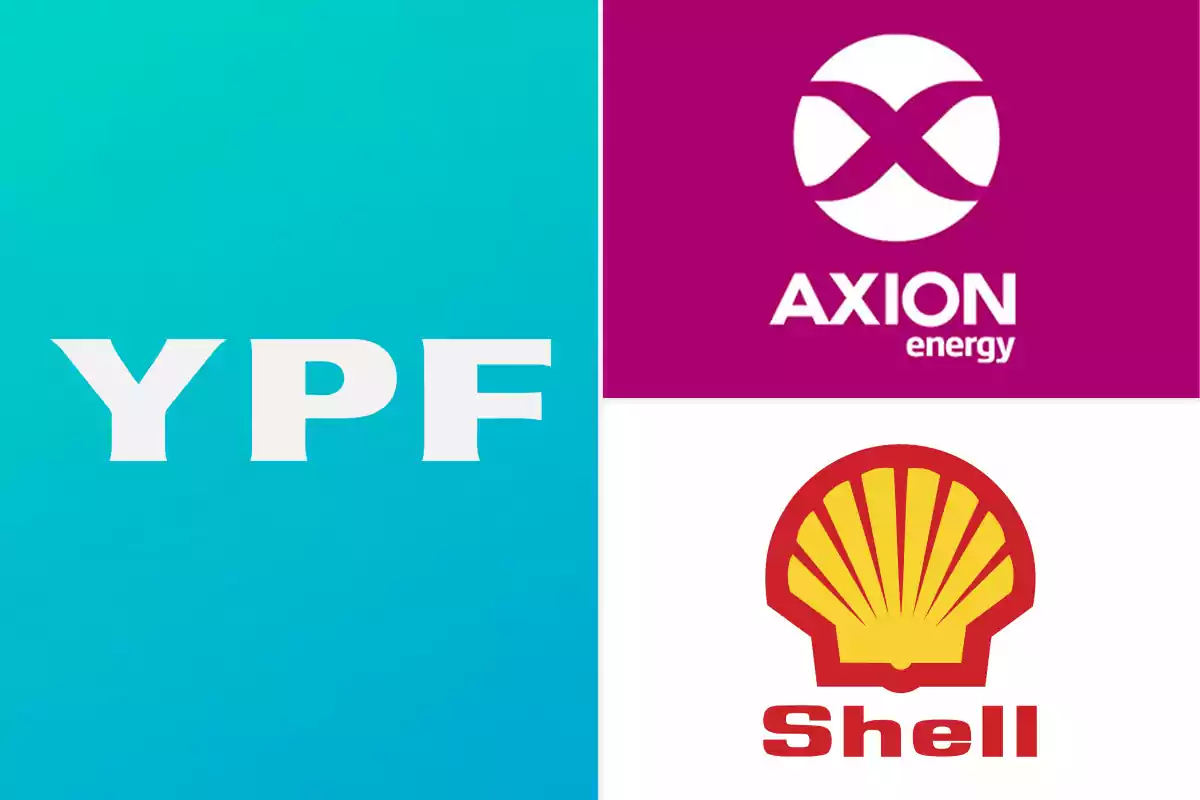 Logotipos de YPF, Axion Energy y Shell.