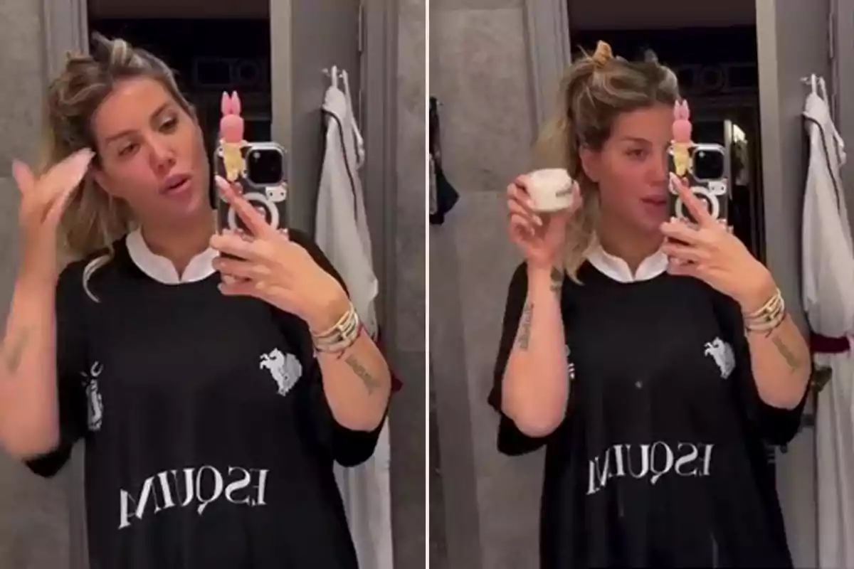 Wanda Nara se toma selfies frente a un espejo en un baño, sosteniendo un frasco de crema en una de las imágenes, mientras lleva puesta una camiseta negra con texto blanco.