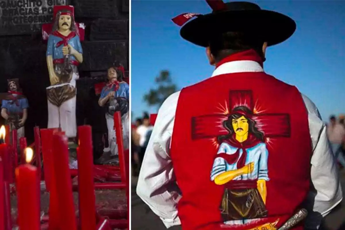 Una imagen muestra una estatua del Gauchito Gil rodeada de velas rojas a la izquierda y a la derecha un hombre de espaldas con un chaleco rojo con la imagen del Gauchito Gil.