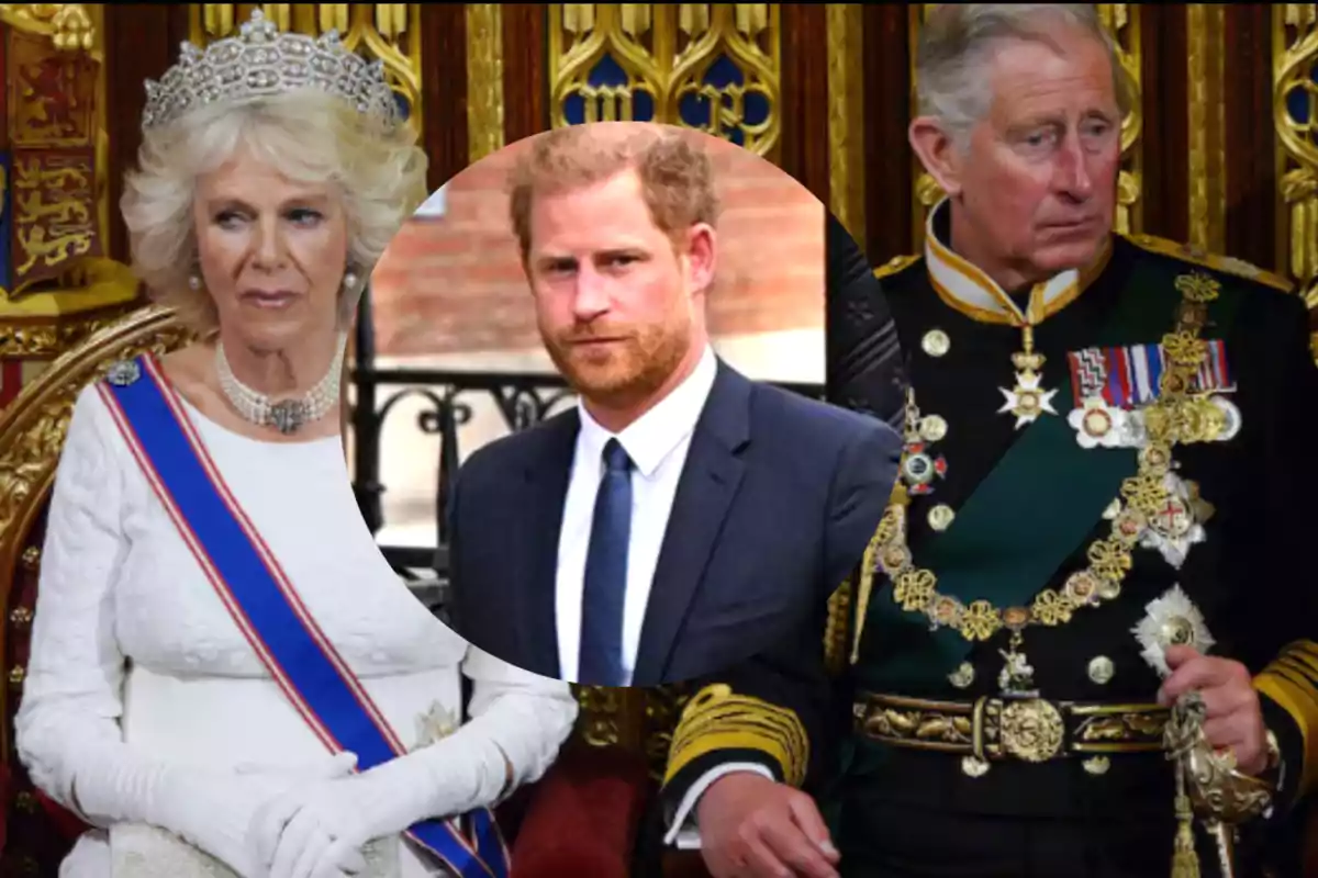 Una mujer con tiara y vestido blanco está sentada junto a un hombre con uniforme militar, mientras que en el centro hay un hombre con traje y corbata.