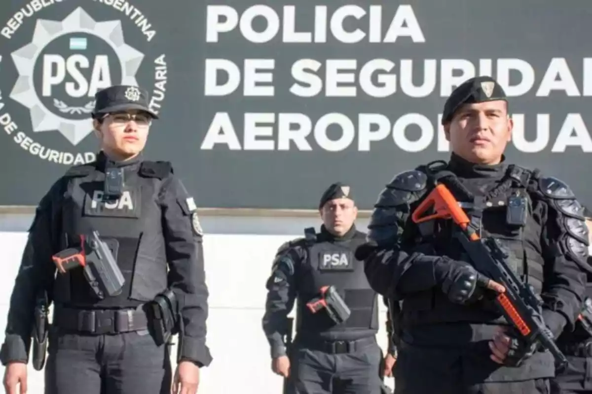 Tres agentes de la Policía de Seguridad Aeroportuaria de Argentina en uniforme negro frente a un cartel que dice "Policía de Seguridad Aeroportuaria".