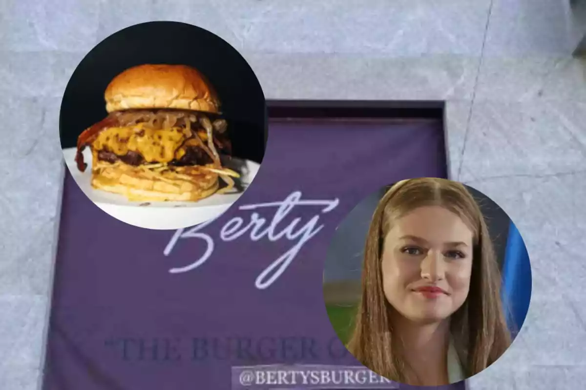 Una hamburguesa con queso y tocino junto a una persona sonriente frente a un cartel de "Berty's Burger".