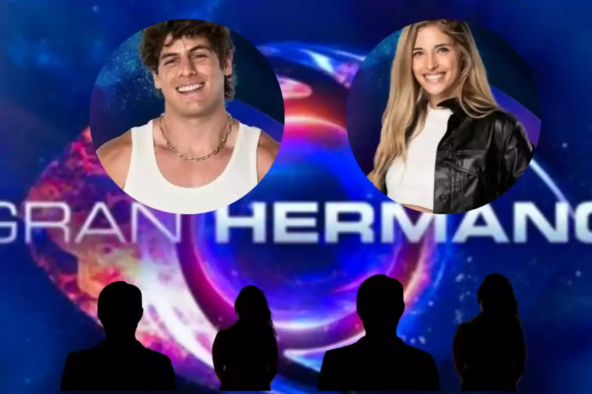 Dos participantes de un reality show aparecen en círculos sobre un fondo con el logo del programa y siluetas de personas en la parte inferior.