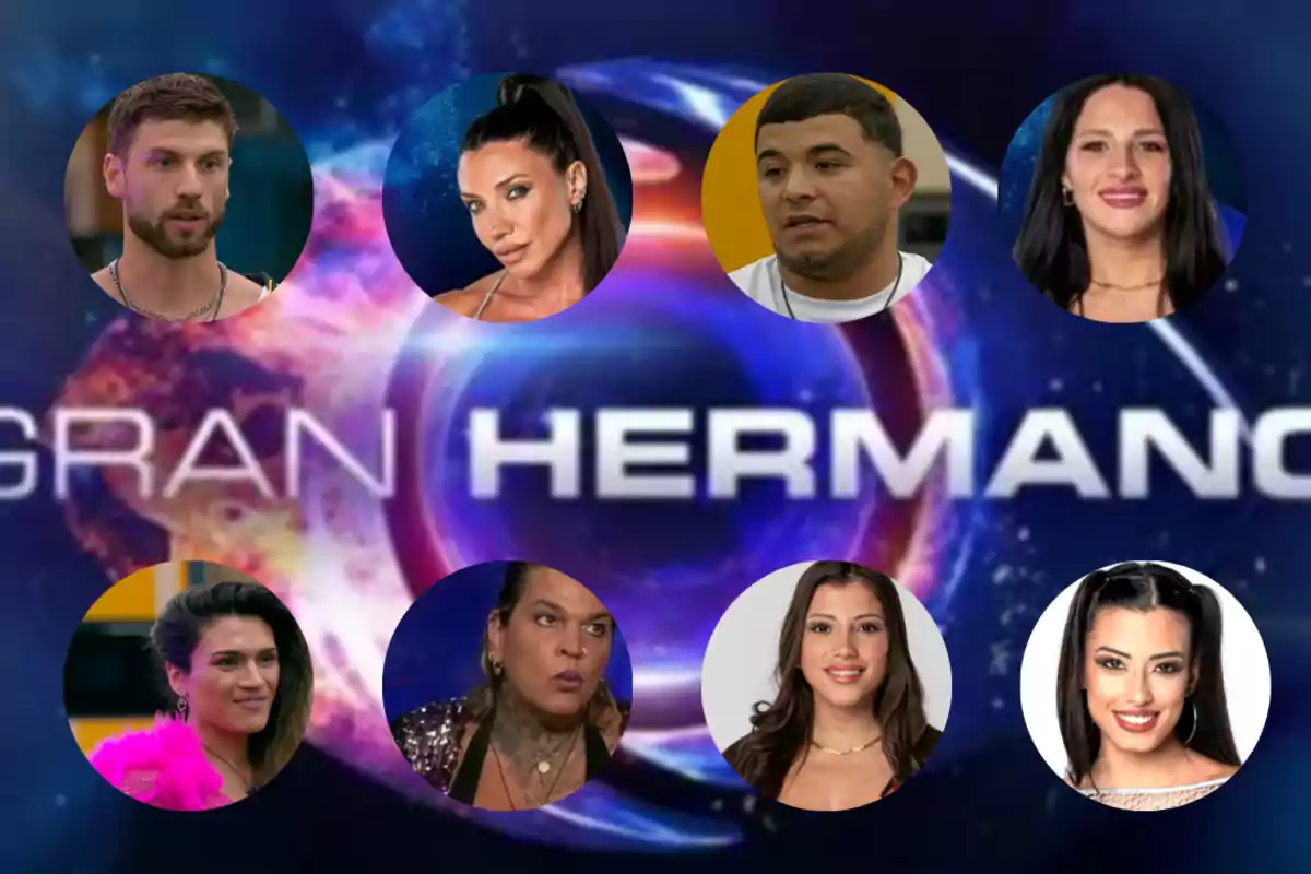 Imagen de un cartel promocional de "Gran Hermano" con varios participantes en círculos alrededor del logo del programa.