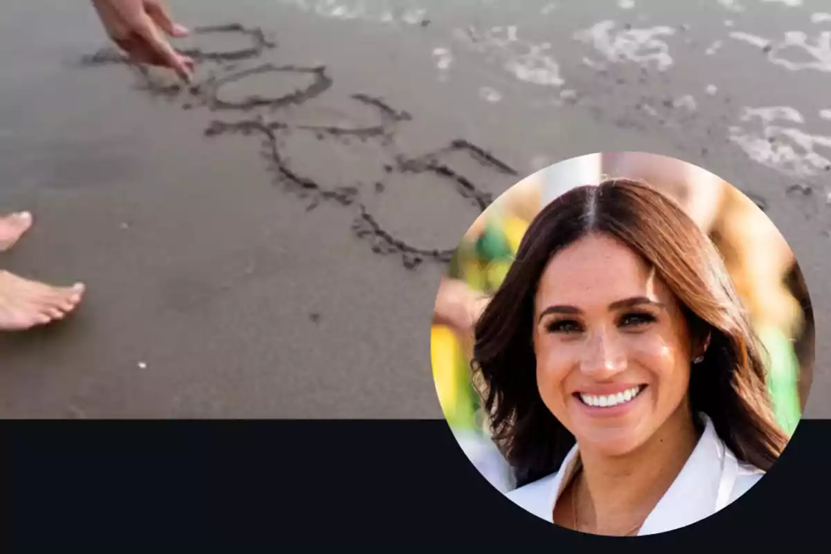 Una persona escribe "Beach" en la arena mientras otra imagen muestra a una mujer sonriendo.