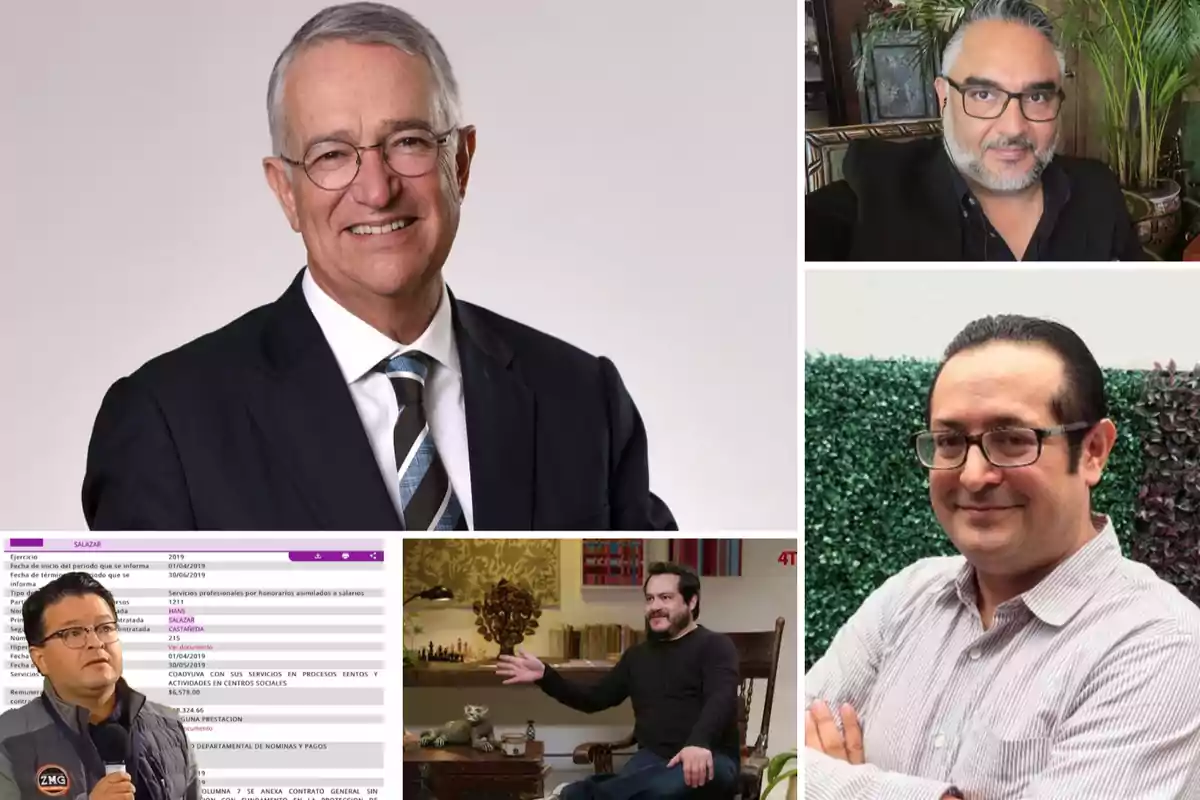 A collage of five men in different contexts, including an older man in a suit and tie, another with glasses and a beard in an indoor setting, a man with glasses in front of a plant background, a man with a microphone and jacket, and another man sitting in a decorated room.