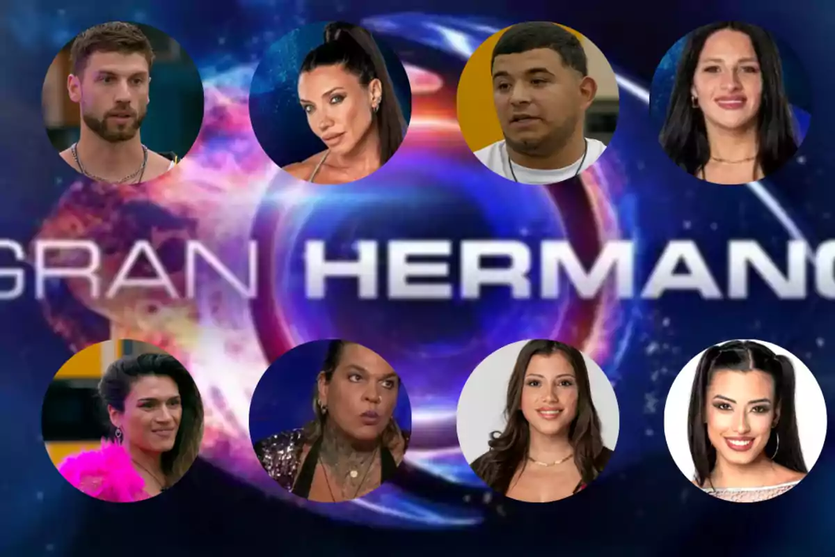 Imagen de varios participantes de un programa de televisión con el logo de "Gran Hermano" en el fondo.