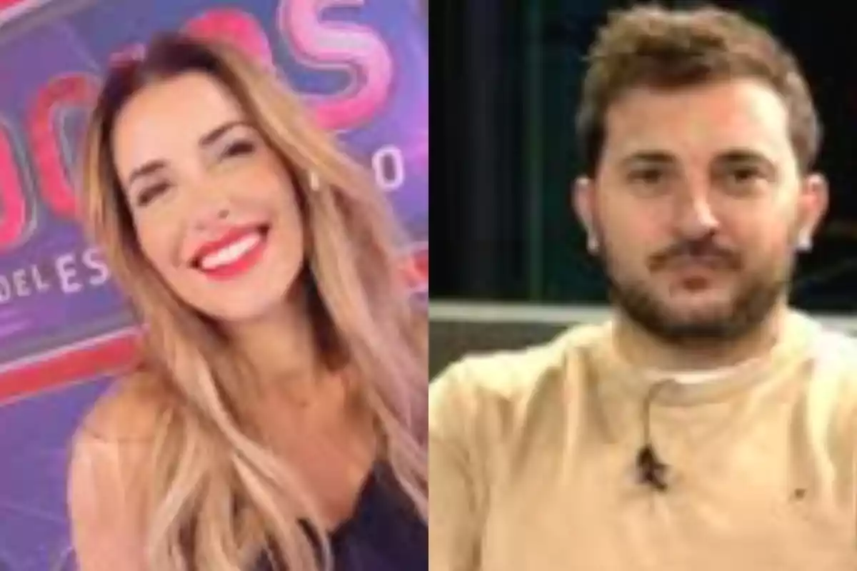 Dos personas sonrientes posan en un entorno de estudio de televisión.