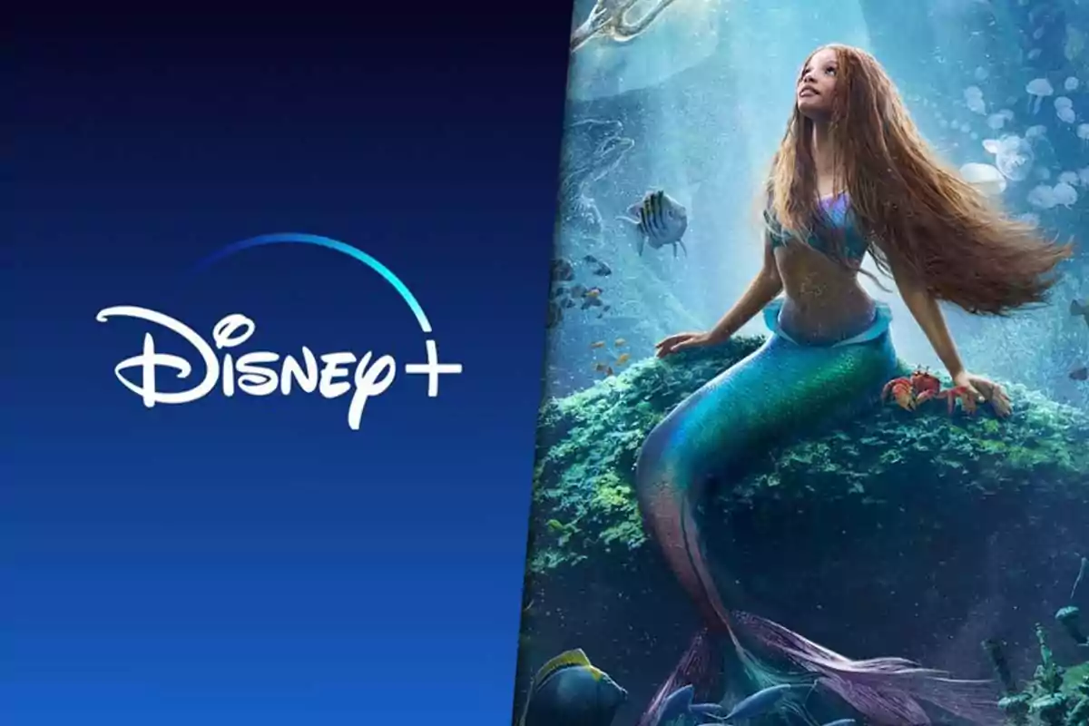 Logotipo de Disney+ junto a una sirena sentada en una roca bajo el agua.