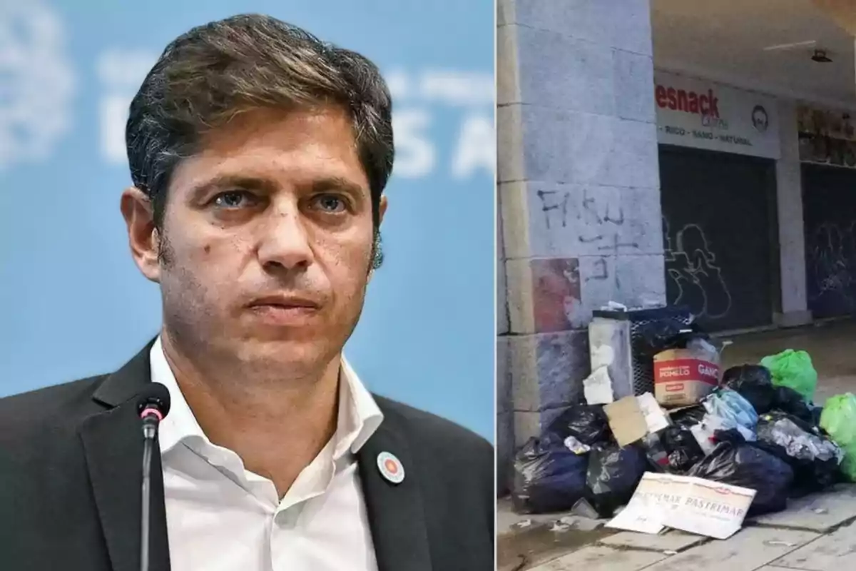 Axel Kicillof frente a un micrófono junto a una imagen de basura acumulada en una acera frente a un local cerrado en la Rambla, Mar del Plata.