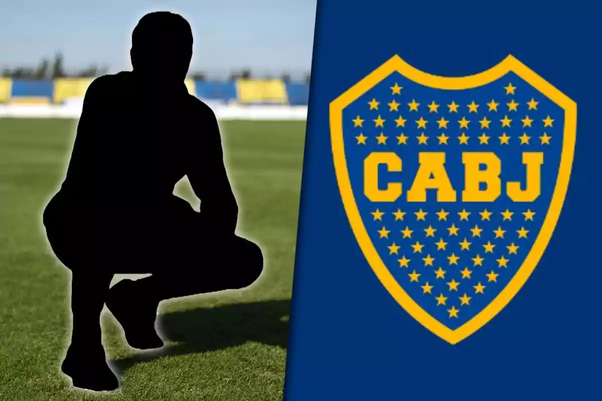 Silueta de una persona agachada en un campo de fútbol junto al escudo del club CABJ.