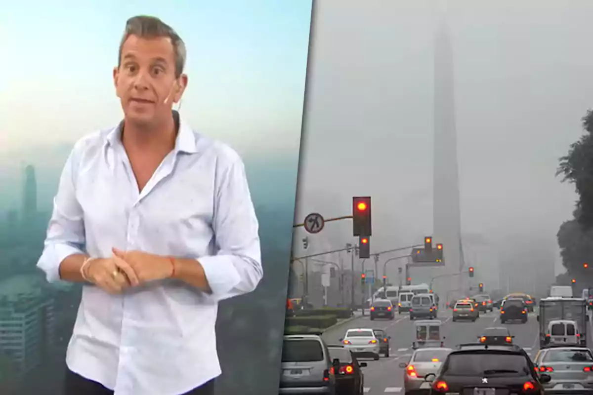 Matías Bertolotti in a light jersey stands in front of an urban background while to the right a street with traffic and an obelisk is shown on a cloudy day.