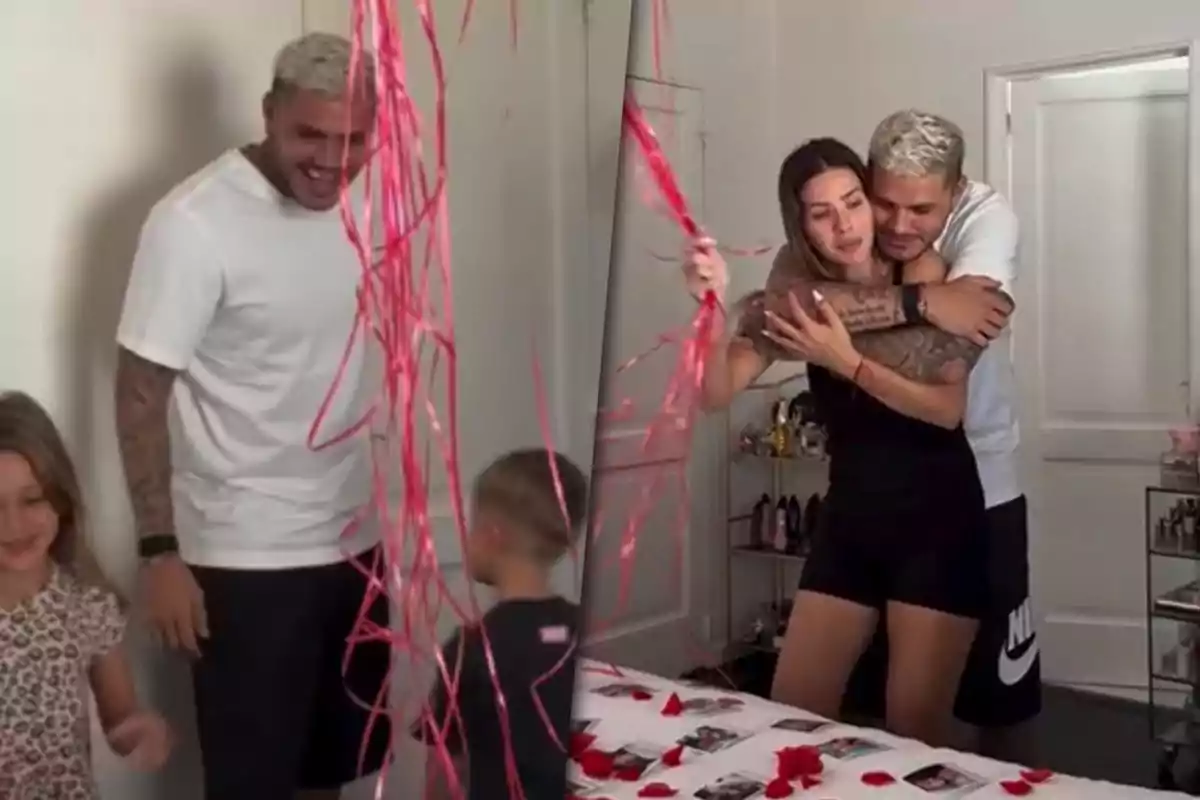 Mauro Icardi and China Suárez embrace in a room decorated with red ribbons and petals, while two children play nearby.