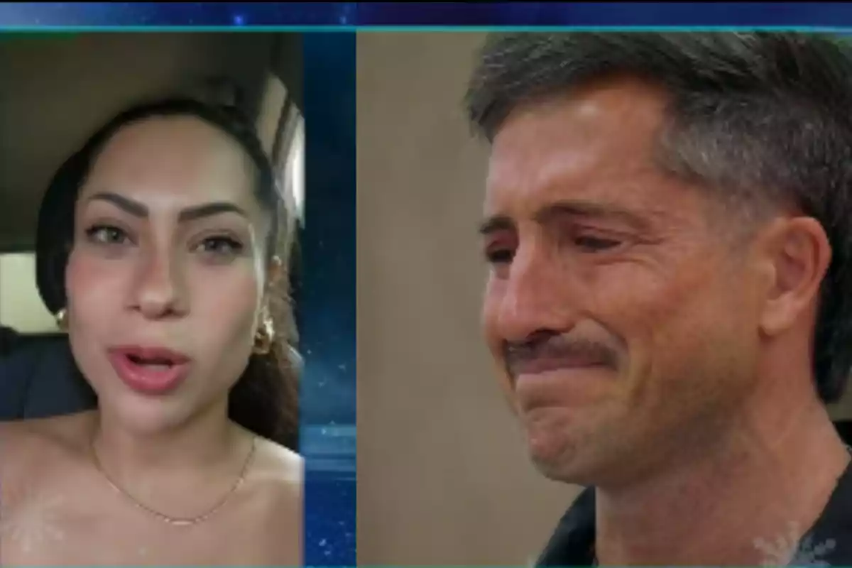 Dos personas en una imagen dividida, una mujer hablando y un hombre llorando.