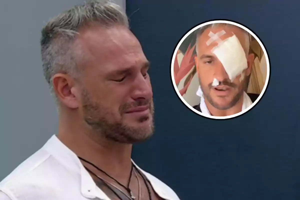 A man with an emotional expression and a frame showing his face with a bandage on the eye.