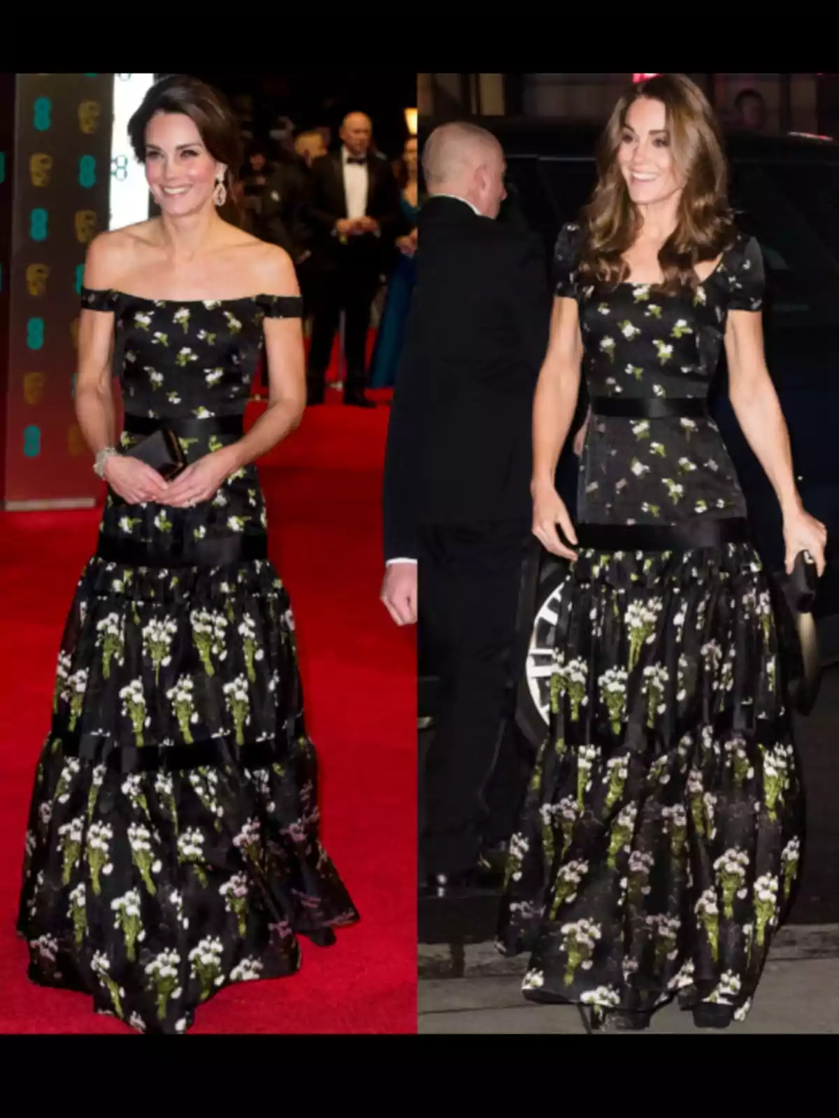 Mujer con vestido negro de flores en un evento de alfombra roja.