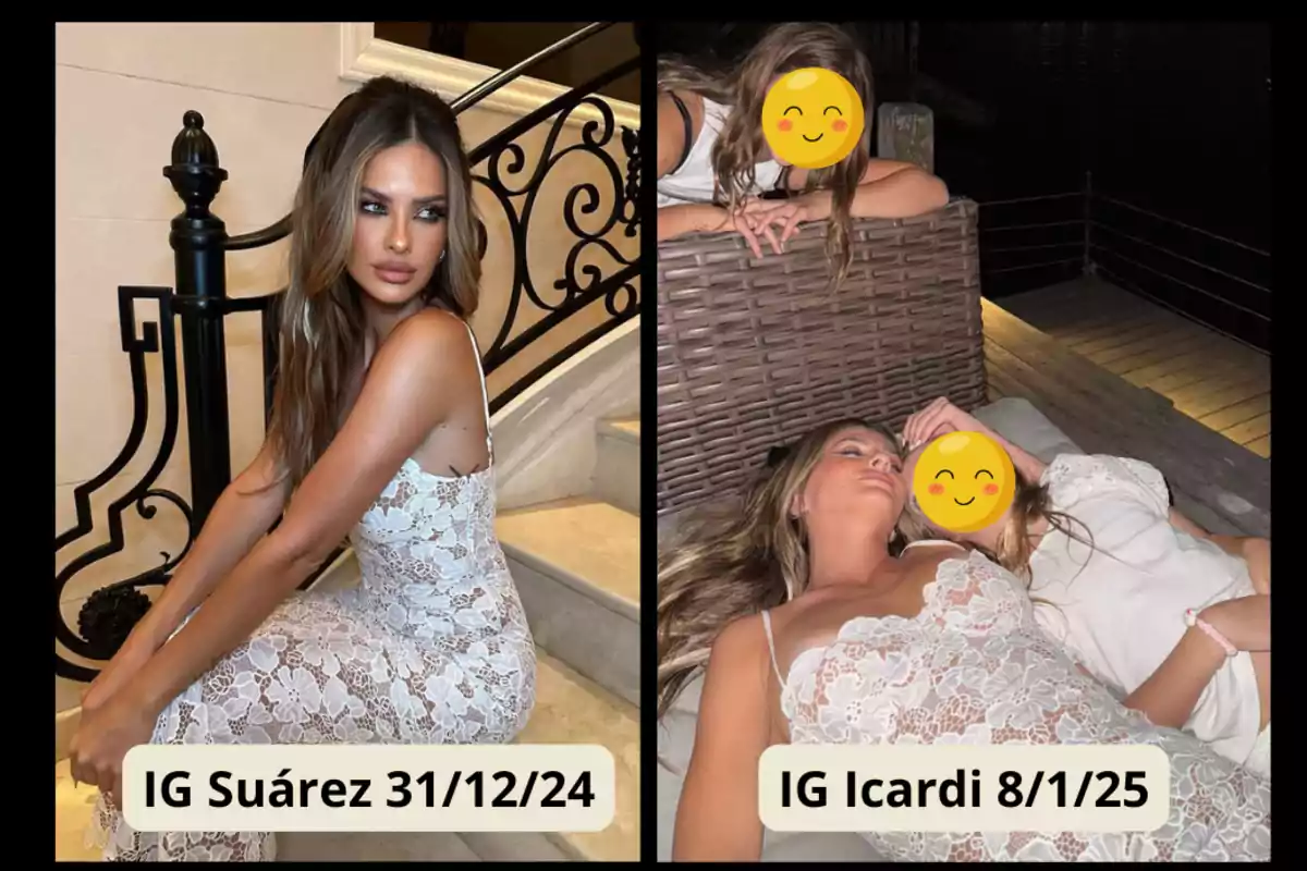 Una mujer con un vestido de encaje blanco posa en una escalera en la imagen de la izquierda, mientras que en la imagen de la derecha está recostada junto a otra persona en un sofá al aire libre por la noche.