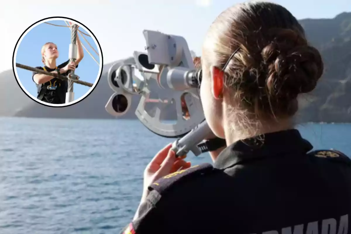 Una persona en uniforme naval utiliza un sextante para realizar mediciones en el mar, con un recuadro que muestra a otra persona ajustando un cable en un mástil.