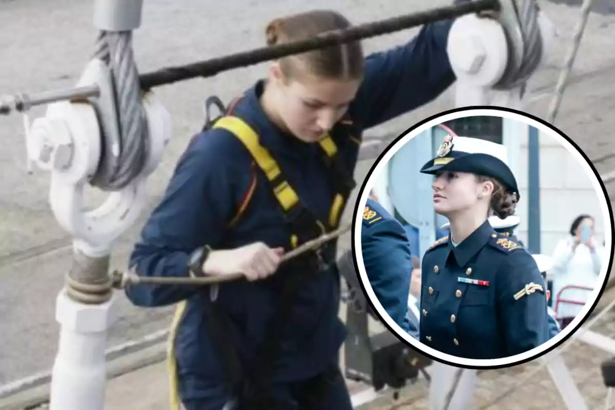 Una persona con uniforme militar realiza una actividad de entrenamiento en una estructura con cables, y en un recuadro se muestra a la misma persona en un evento formal con uniforme de gala.