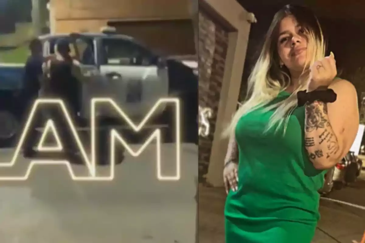 Una mujer con vestido verde posa mientras a su lado se observa una escena con un vehículo y personas alrededor.