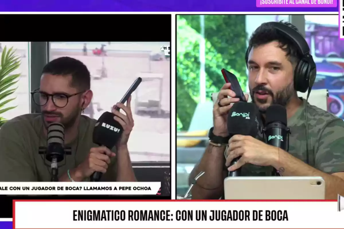 Dos hombres en un programa de radio sostienen micrófonos y teléfonos mientras conversan sobre un tema relacionado con un jugador de Boca.