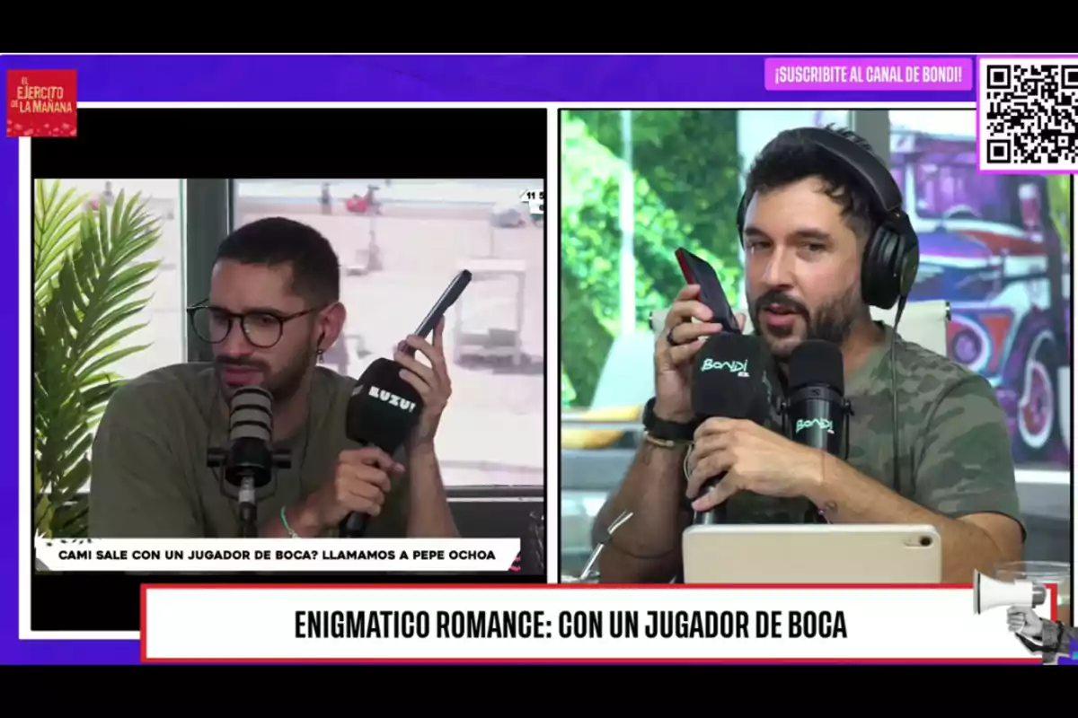 Dos hombres en un programa de radio sostienen micrófonos y teléfonos mientras conversan sobre un tema titulado 