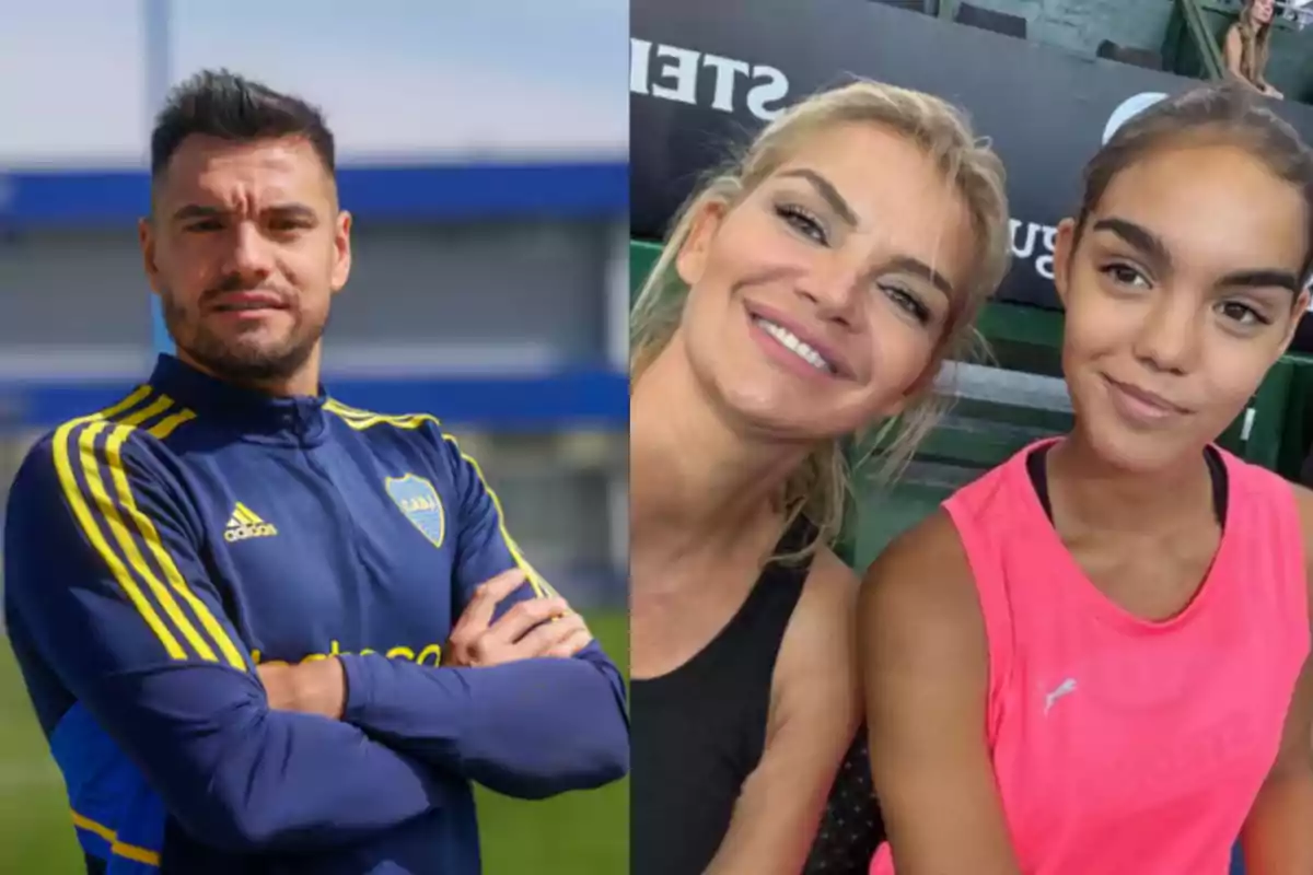 Un hombre con una chaqueta deportiva de Boca Juniors está de pie con los brazos cruzados y al lado hay una mujer rubia sonriendo junto a una joven con una camiseta rosa.