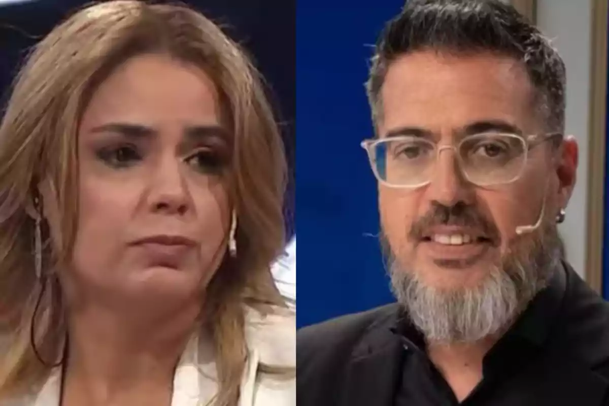 Dos personas en un programa de televisión, una mujer con cabello rubio y un hombre con barba y gafas.