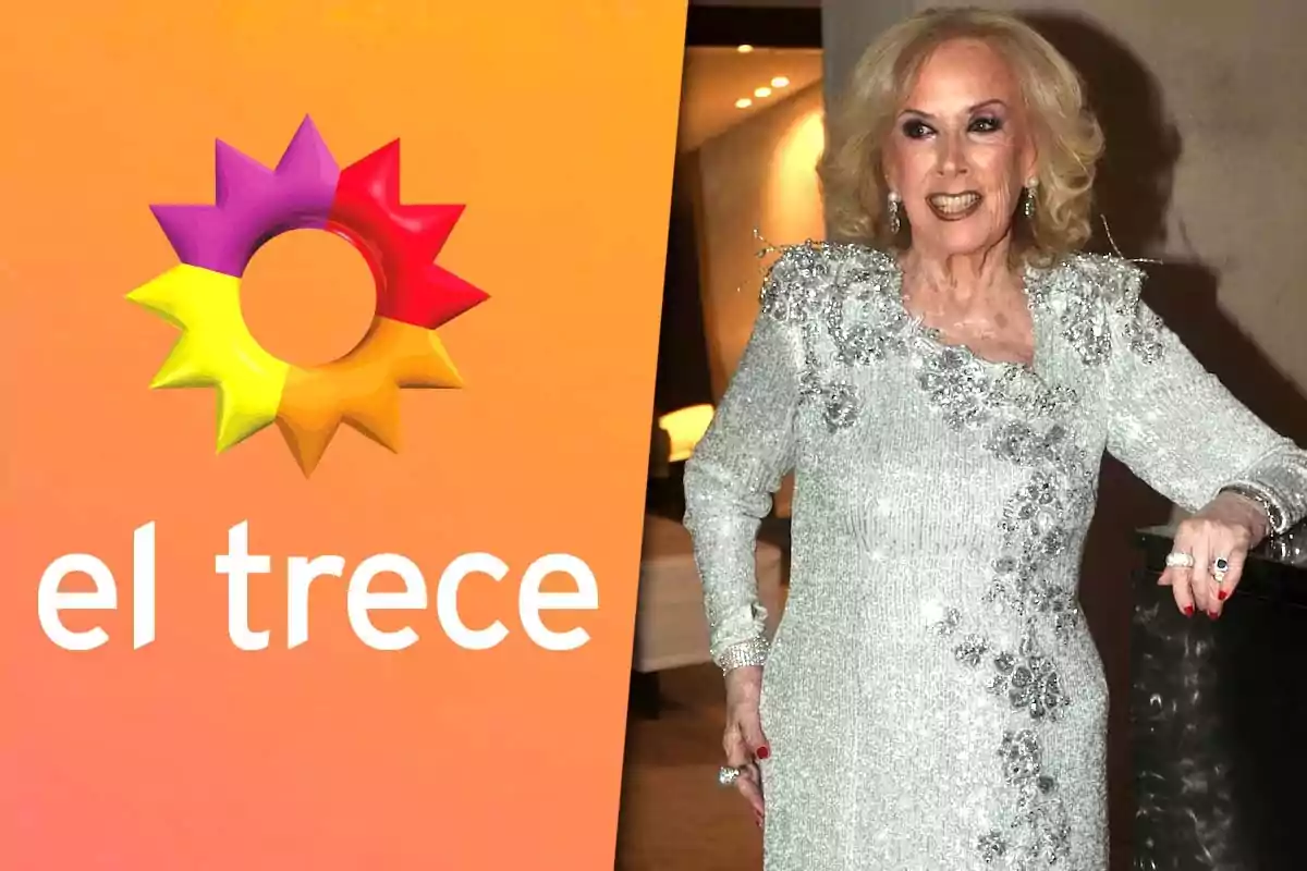 Mirtha Legrand con un vestido brillante posa junto al logotipo del canal "El Trece".