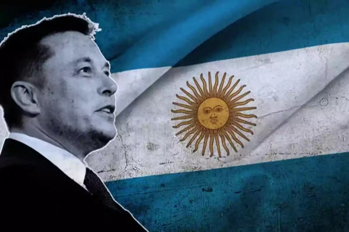 Hombre de perfil con traje frente a la bandera de Argentina.