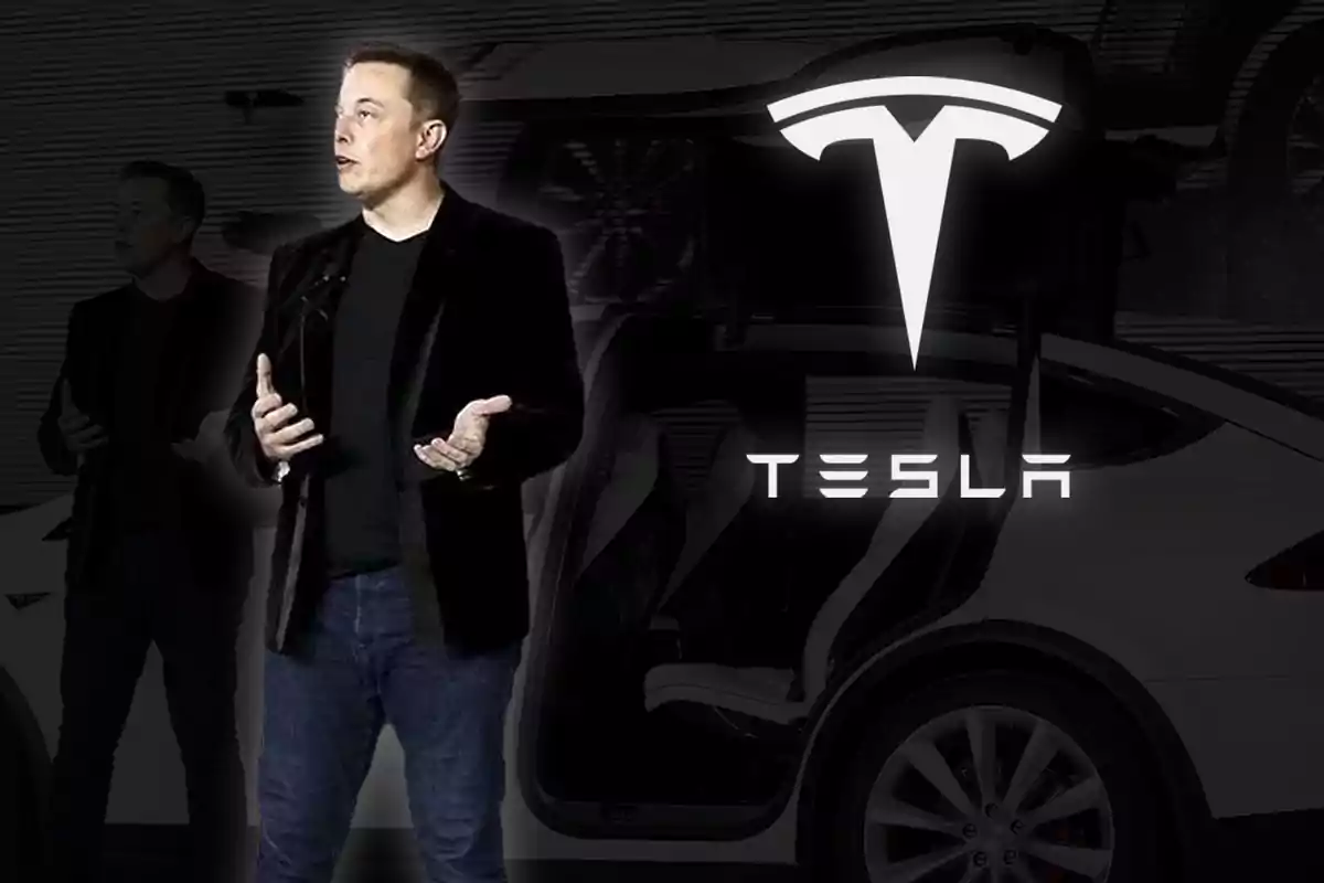 Elon Musk con un auto Tesla blanco de fondo y el logotipo de Tesla en la parte superior.