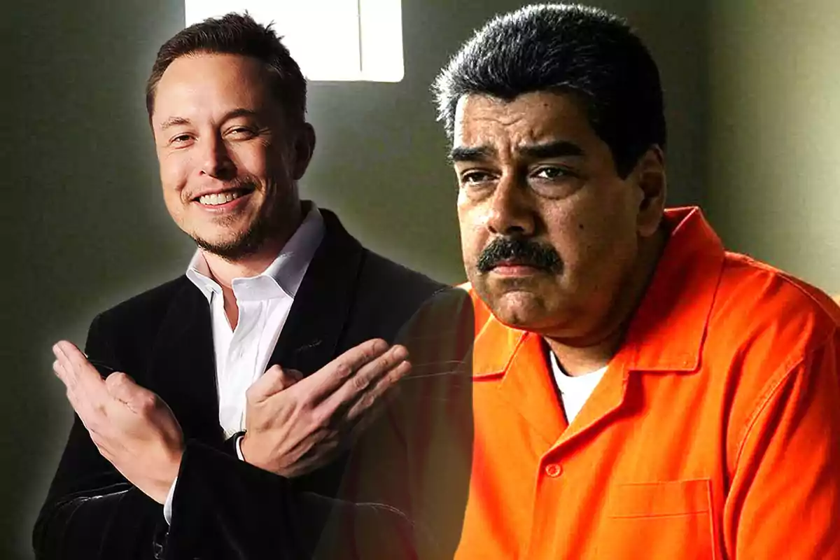 Elon Musk haciendo el símbolo de la "X" con la imagen de Nicolás Maduro preso de fondo, generada con la inteligencia artificial de Aurora.