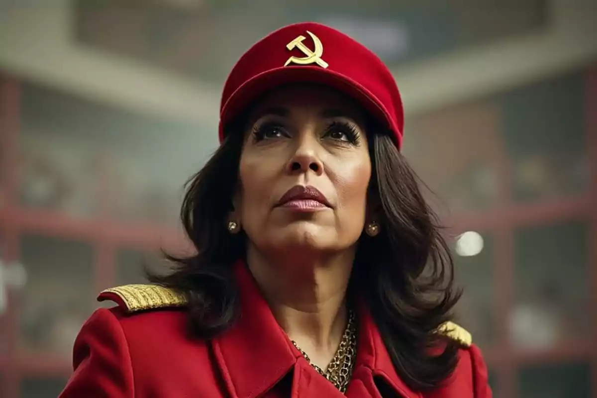 Mujer con uniforme rojo y gorra con símbolo comunista mirando hacia arriba.