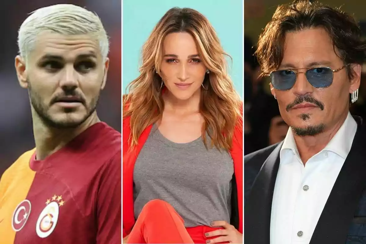 Tres personas posando en un collage, Mauro Icardi a la derecha, Vero Lozano en el medio y Johnny Depp a la derecha.