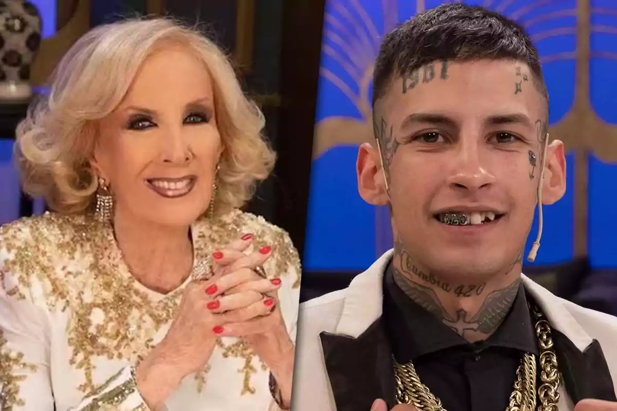 An older woman with blonde hair (Mirtha Legrand) and a young man with facial tattoos (L-Gante) pose together, both smiling.