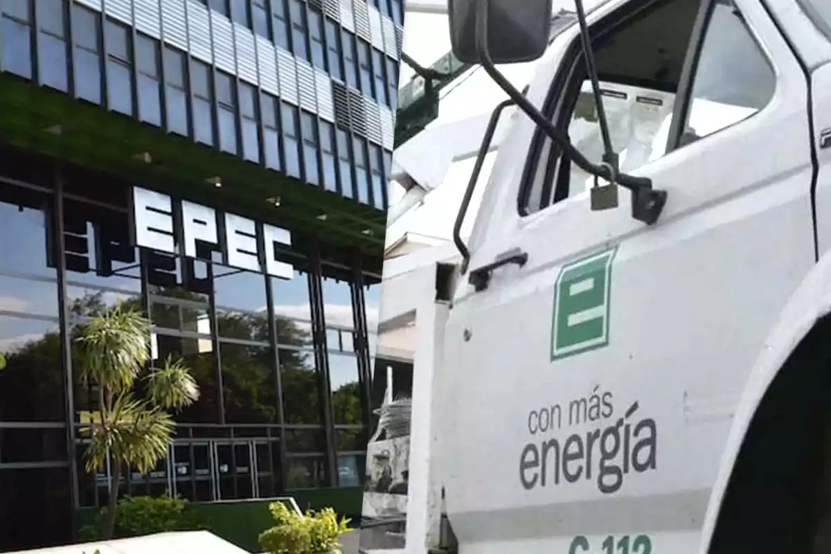 Edificio de EPEC a la izquierda y vehículo de servicio con logotipo de EPEC a la derecha.