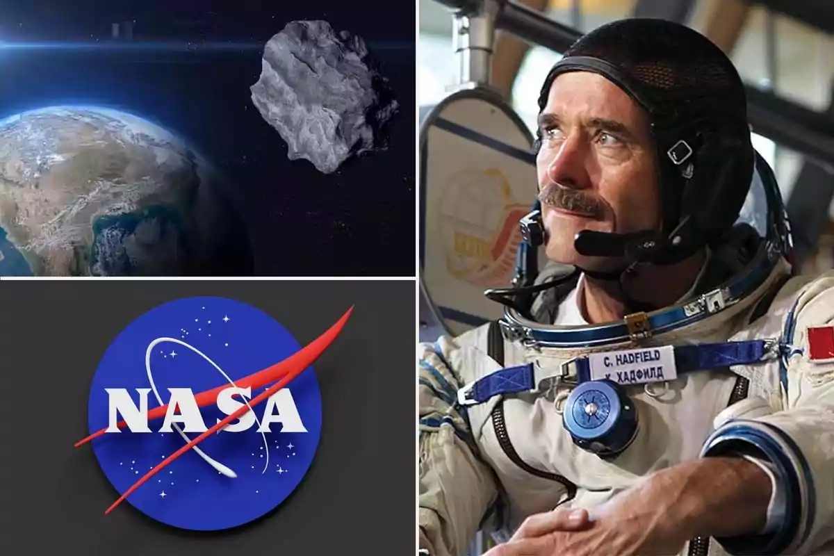 The image shows a collage with the asteroid 2024 YR4 near Earth, an astronaut in a spacesuit (Chris Hadfield), and the NASA logo.