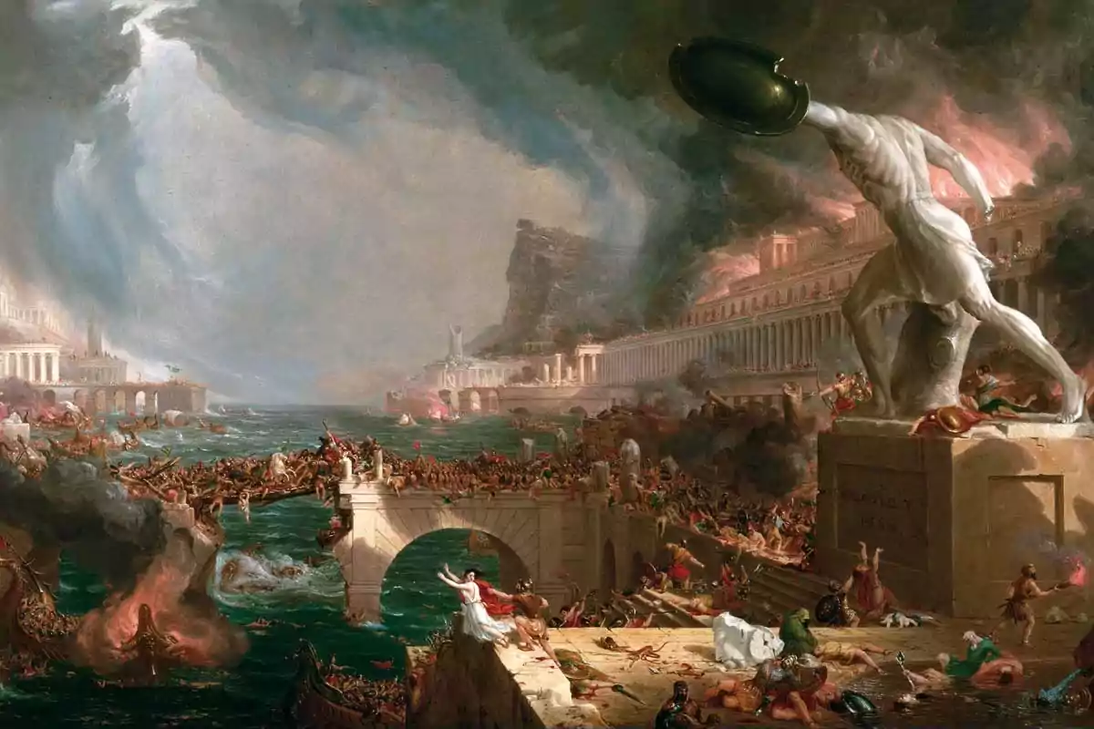 Una pintura que representa una escena caótica de destrucción en una ciudad antigua con un cielo tormentoso y un gran número de personas y barcos en el agua.