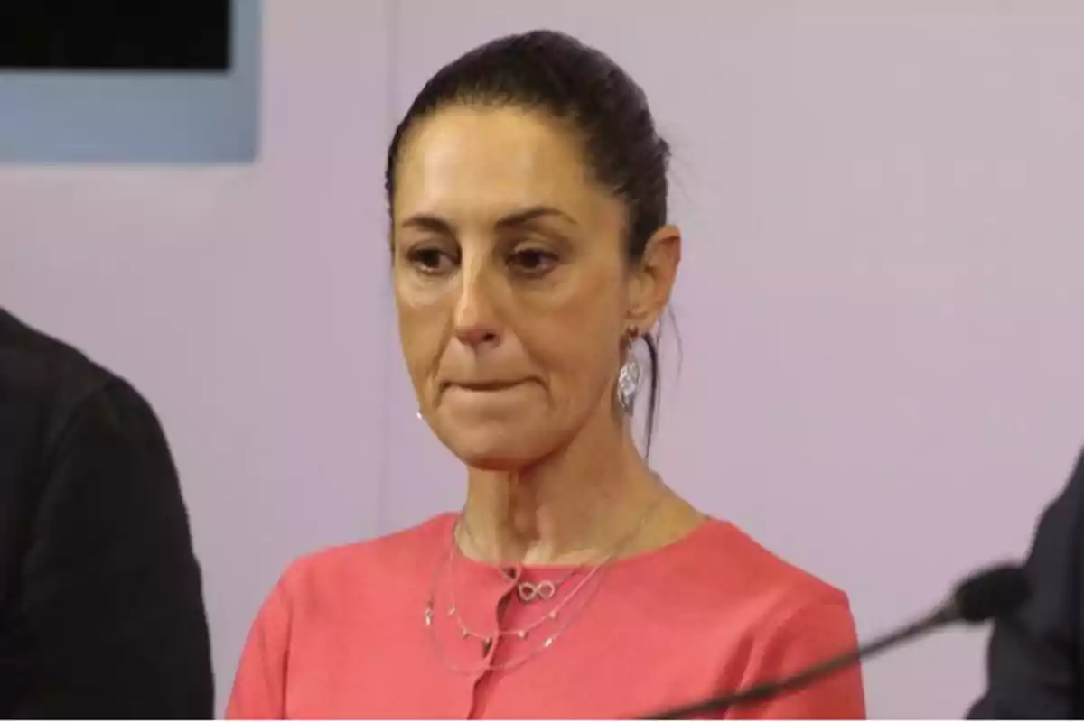 Una persona con expresión seria y cabello recogido, usando un vestido rosa y aretes plateados.