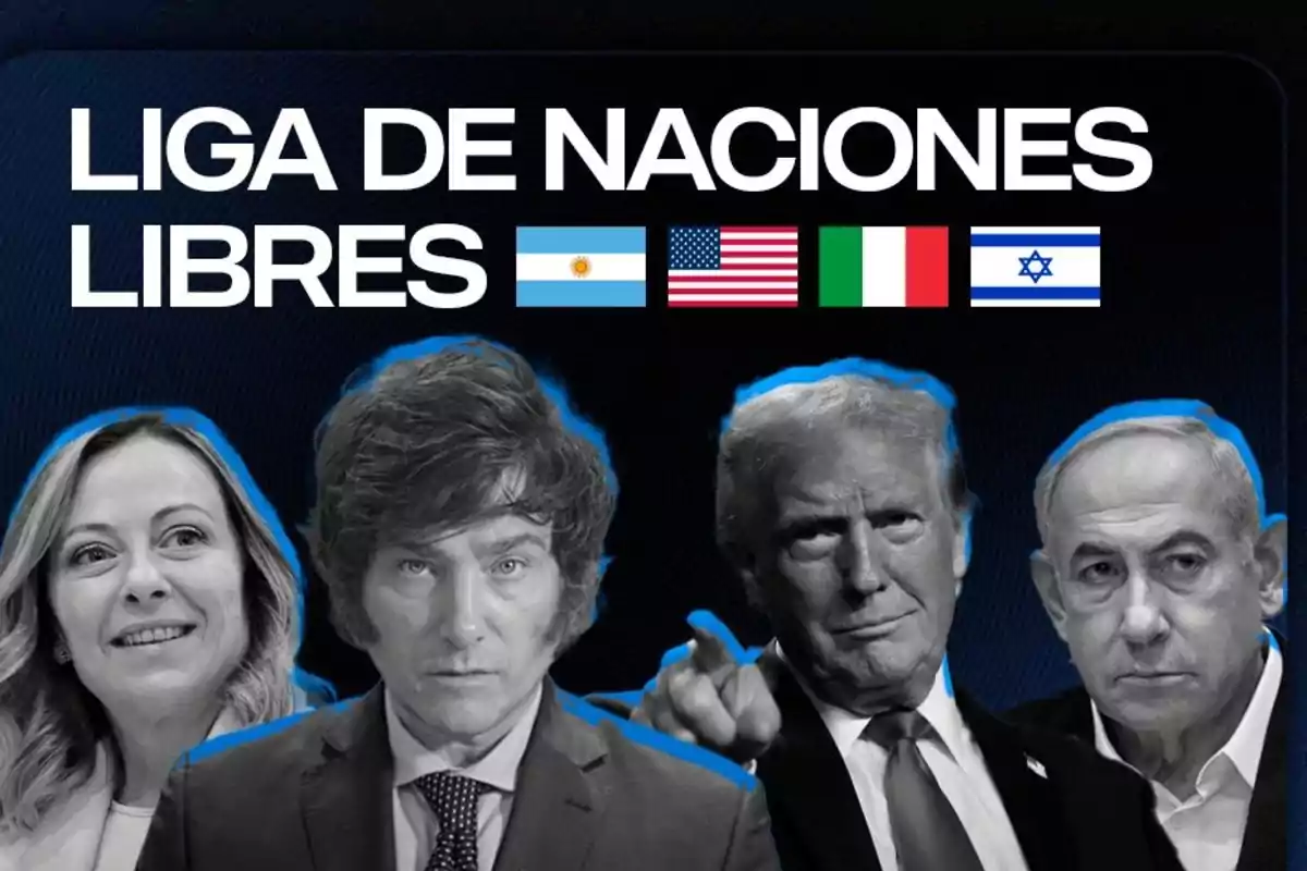 Una imagen con el texto "Liga de Naciones Libres" y las banderas de Argentina, Estados Unidos, Italia e Israel, acompañada de cuatro personas.