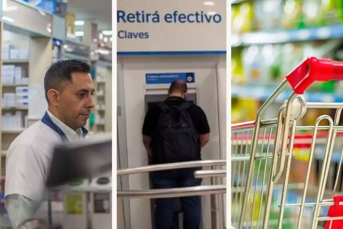 Un collage que muestra a un farmacéutico en su lugar de trabajo, una persona usando un cajero automático y un carrito de compras en un supermercado durante fin de año y año nuevo 2025.