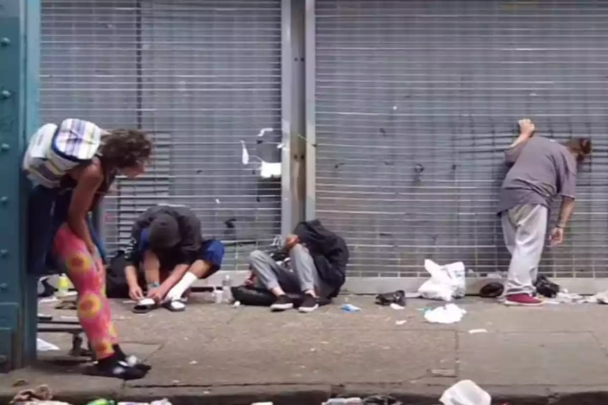 Varias personas se encuentran en la calle, algunas sentadas y otras de pie, frente a una reja metálica, rodeadas de basura y objetos personales.