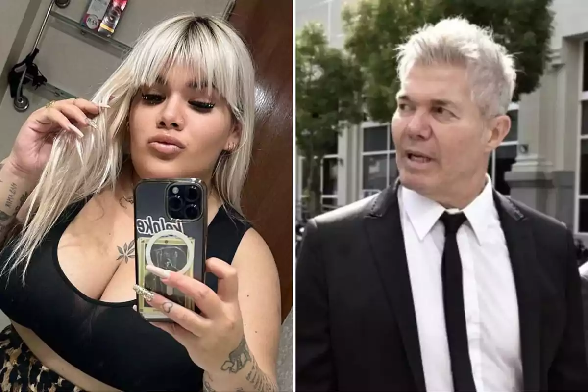 Una mujer con cabello rubio platino se toma una selfie en un espejo mientras un hombre de cabello canoso y traje oscuro está al aire libre.