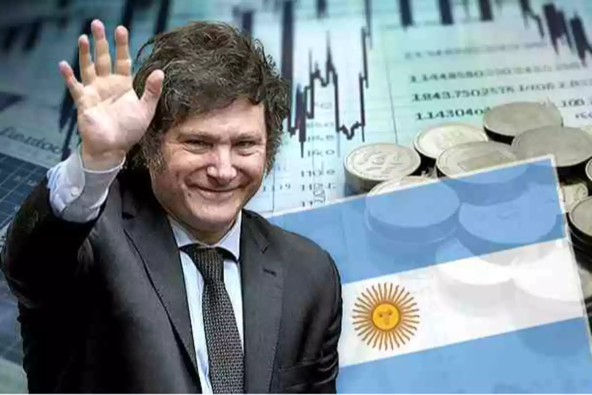 Un hombre sonriente con traje y corbata levanta la mano en un gesto de saludo frente a un fondo de gráficos financieros, monedas y la bandera de Argentina.