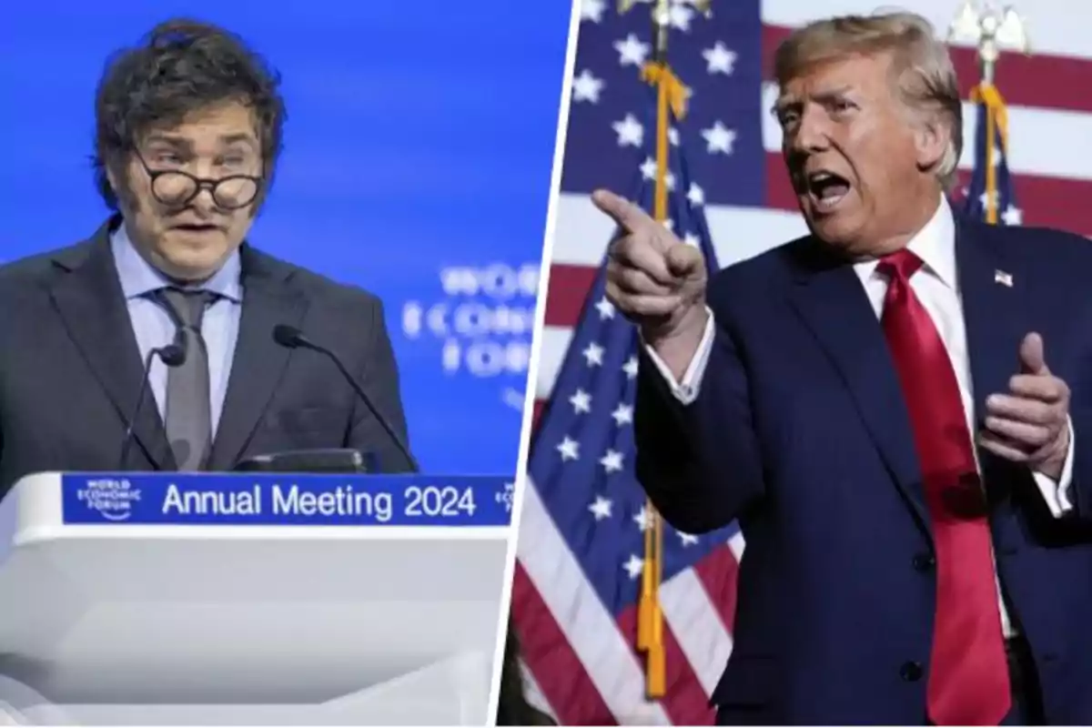 Dos hombres en un evento, uno hablando en un podio y el otro gesticulando frente a una bandera de Estados Unidos.